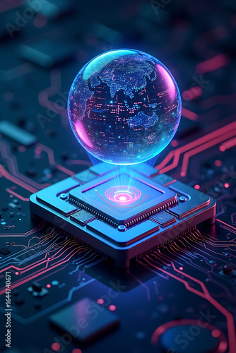 A glowing globe with city lights hovers above a computer chip on a circuit board, illuminated in blue and pink.