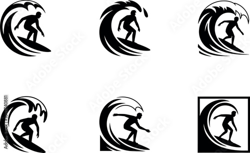 Six black and white surfer silhouettes riding waves with varying wave designs and a square border design