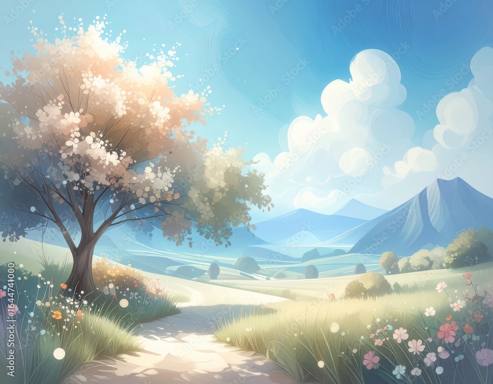 Fototapeta premium A stunning winter landscape with a snow-covered Christmas tree, bathed in a cool blue light under a starry night sky