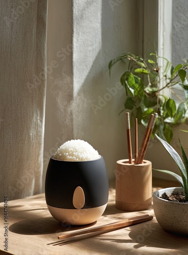 Wallpaper Mural Steaming rice in a dark, rounded cooker sits on a light wood surface near chopsticks and plants in soft sunlight Torontodigital.ca