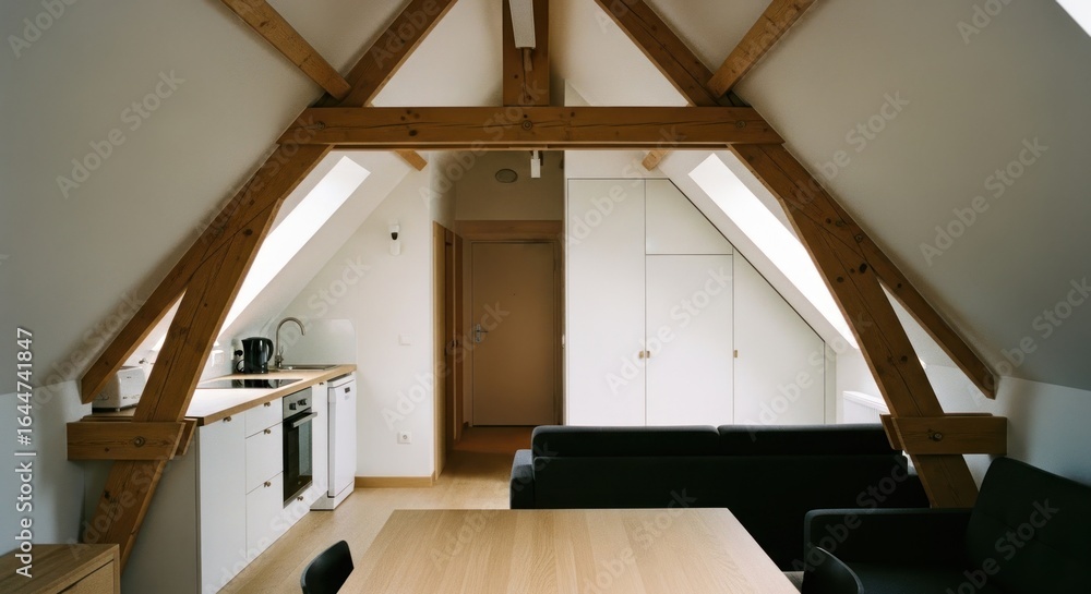 Fototapeta premium Atttic apartment wood beams, kitchen, table, couch, sloping ceiling