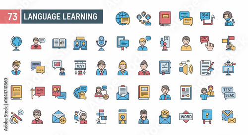 Collection of colorful, outlined icons representing various aspects of language learning.