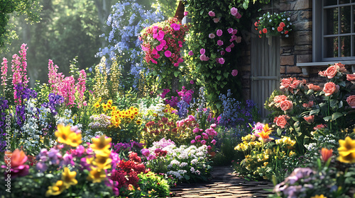 Colorful flower garden pathway