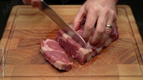 cutting meat on a chopping board