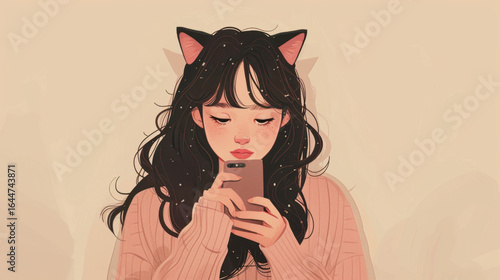 Young woman with dark wavy hair and cat ears looking at her phone
