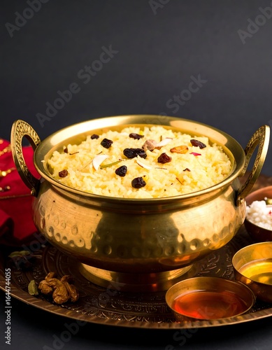 Golden bowl of sweet rice pudding, garnished with nuts and raisins, served on a metallic tray with small bowls