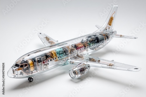 Transparent, detailed 3D model of an airplane's inner workings