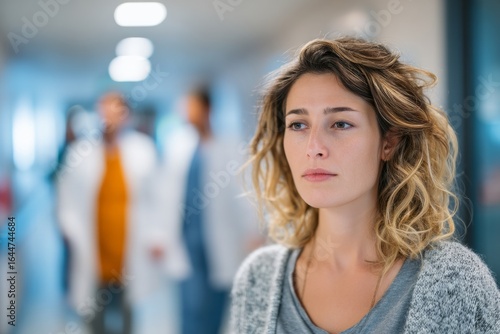 Wallpaper Mural Afternoon in a busy hospital hallway A woman translates for a patient and a doctor The mood is urgent and supportive, Generative AI Torontodigital.ca
