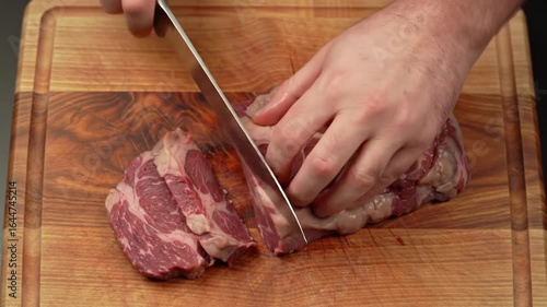 cutting meat on a chopping board