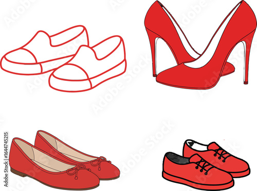 Illustrations of various red shoes, fashion footwear with diverse designs