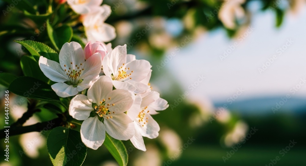 Fototapeta premium Blossoms in gentle light delicate white flowers with yellow stamens on tree branches