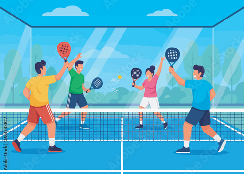 Four people playing paddle tennis in a modern indoor court.