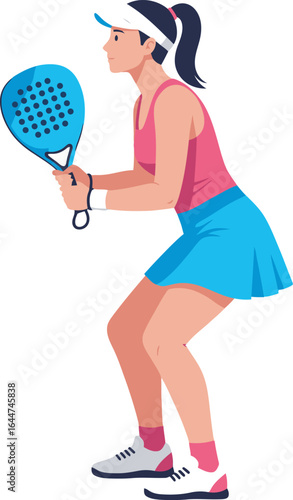 A female padel player, poised and ready, grips her paddle, anticipating the next shot.