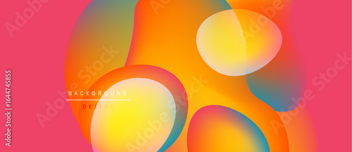 Abstract fluid shapes overlap, creating vibrant color gradients. Pink background complements warm orange, yellow hues. Modern design element.