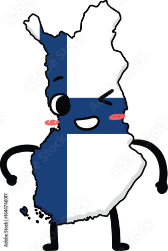 Cartoon style Finland map flag character expressing cheerful patriotism