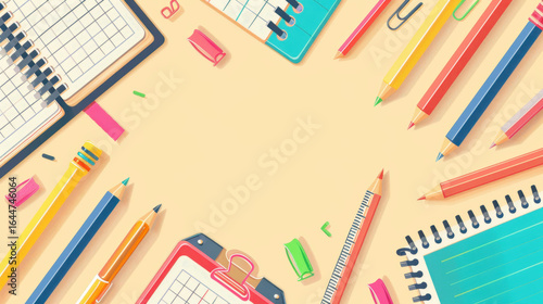 Brightly colored school supplies arranged in a circular frame on a light peach background