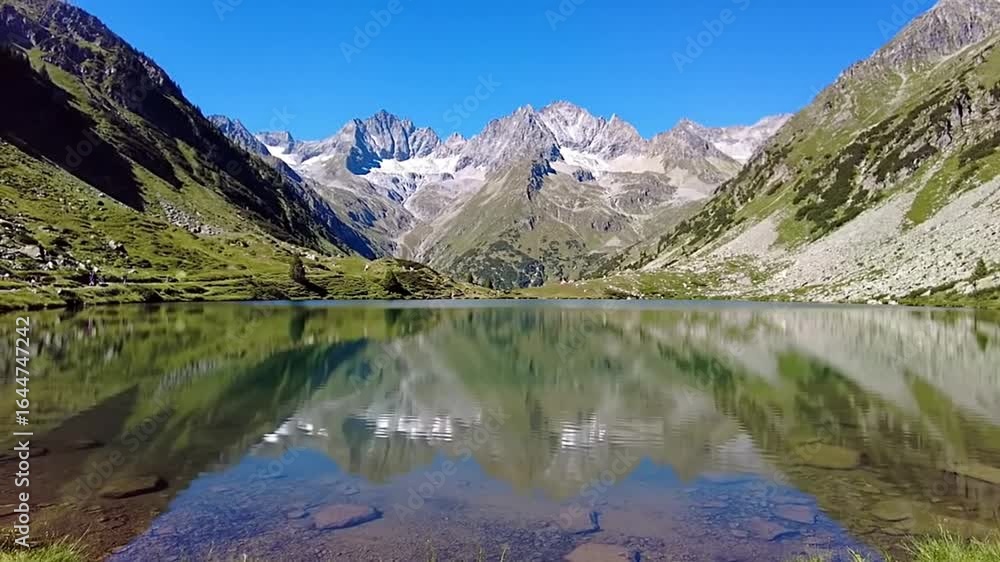 Glassy alpine lake reflecting jagged peaks under a clear blue sky in a stable wide shot and pristine nature theme Glassy alpine lake reflecting jagged peaks under a clear blue sky in a stable wide shot and pristine nature theme