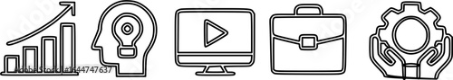 Business growth icons:  ideas, video, briefcase, and teamwork.