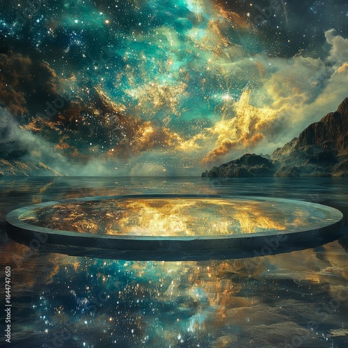 Celestial Mirror A reflective pool that shows a surreal alternate cosmic reality mysterious and poetic