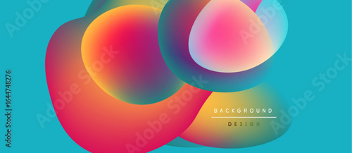 Abstract colorful shapes overlap, creating vibrant visual effect. Background is turquoise. Design features gradients, smooth transitions.