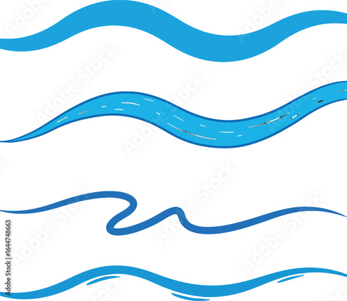 Creative illustration of diverse blue water waves on a clear white backdrop