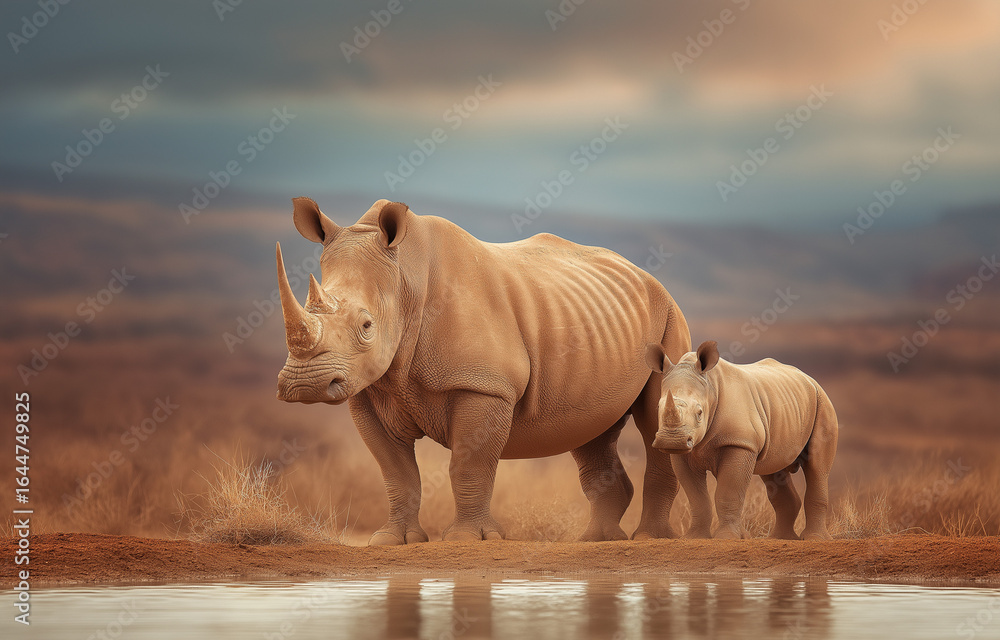 Obraz premium Photograph of a rhinoceros and its calf at the watering hole in Kruger,