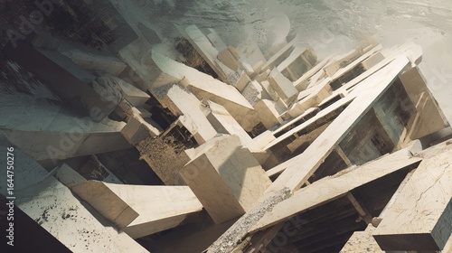 Crumbling abstract structures in muted tones, representing fragile societal foundations.