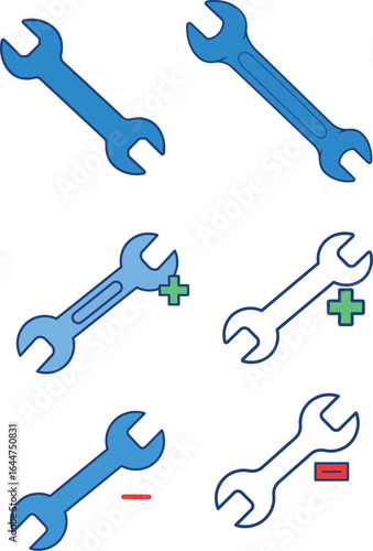 Wrenches with plus and minus signs on a white background service and repair