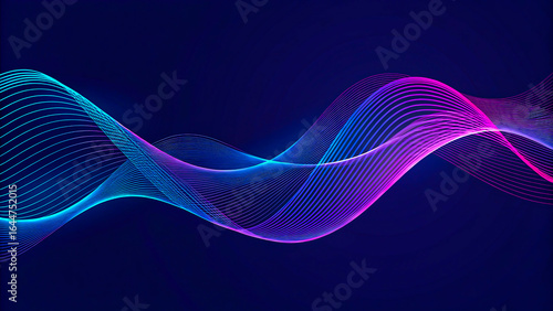 Dynamic neon wave lines shimmer with vibrant blue to pink glow, creating abstract digital art.