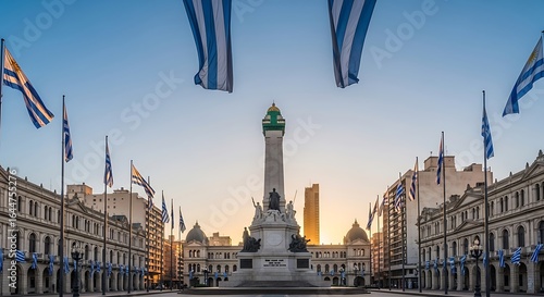 Sunrise over Plaza Independencia in Montevideo, with the Artigas Mausoleum and many Uruguayan flags.