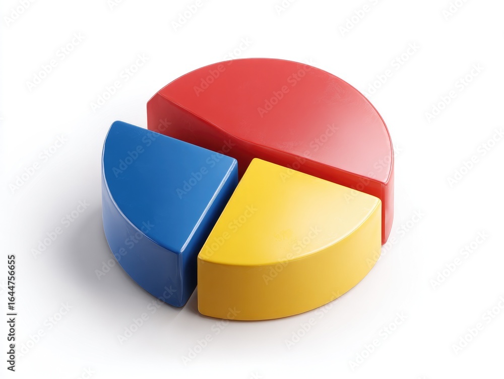 Obraz premium 3-part pie chart graphic. Colorful segments of red, blue, and yellow create a 3D pie chart on a white background. The chart segments are distinct and appear glossy