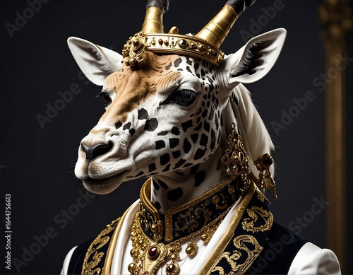 Regal giraffe portrait, adorned in gold jewelry and ornate clothing, against a dark backdrop