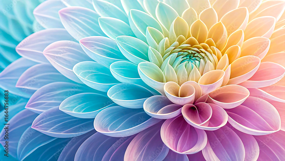 Obraz premium Stunning close-up of a vibrant dahlia flower showcasing a gradient of soft blues, greens, yellows, and pinks