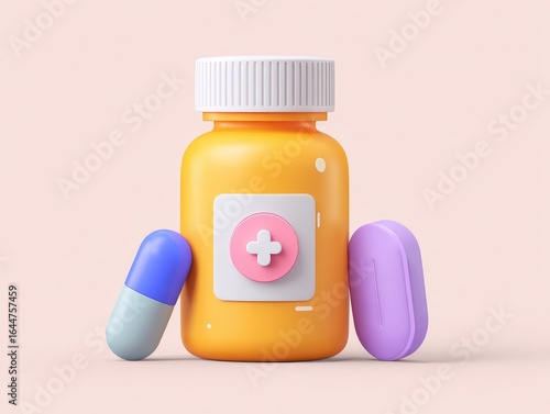 3D illustration of a bright orange medicine bottle,  a light-blue/gray pill, and a light-purple pill,  all presented on a pale-pink background.  Stylized, cartoonish design elements