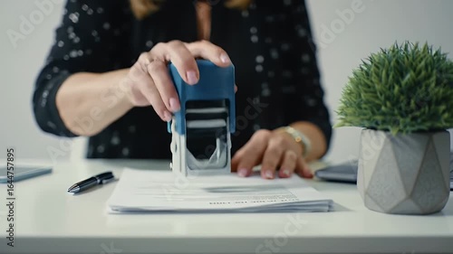 Close Up of Woman's Hand Stamping Documents on White Desk in Brightly Lit Office