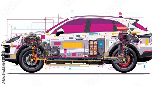 Cross-section of an electric SUV, showcasing its hybrid components.  Diagram highlights engine, battery, and electrical systems