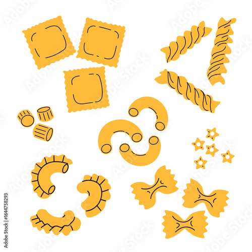 Different sorts of pasta in flat modern style. Farfalle, Creste di Gallo, stellini, ditalini, fusillii, raviolii. Traditional Italian home made food. Vector illustrations isolated on white.