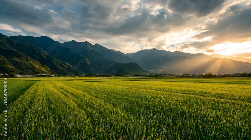 Obraz premium Lush green rice paddy field stretching out to a mountain range at sunset.