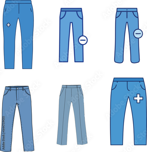 Diverse jean designs with color variations for stylish clothing illustration