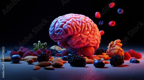 Vibrant glowing brain model surrounded by floating nutritious foods on a dark background.