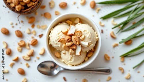 Wallpaper Mural Flat lay of coconut ice cream in a small white bowl, topped with roasted peanuts and coconut strips Torontodigital.ca
