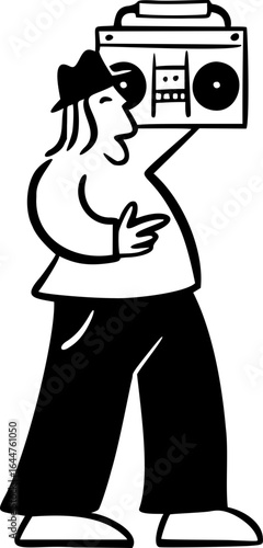 Handdrawn Man Bring Boombox Vector Illustration