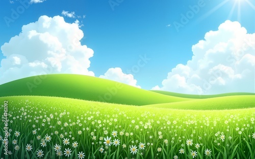 A serene landscape of lush green fields dotted with white flowers under a bright blue sky and fluffy clouds. High quality