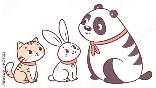 A cartoon illustration of a cat, a rabbit, and a panda bear sitting side-by-side, all wearing collars or neckties.