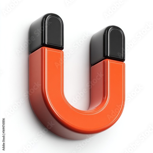 3D rendered capital letter U, shaped like a horseshoe magnet, with black caps on the poles.  Bright orange/red color.  Isolated on a white background