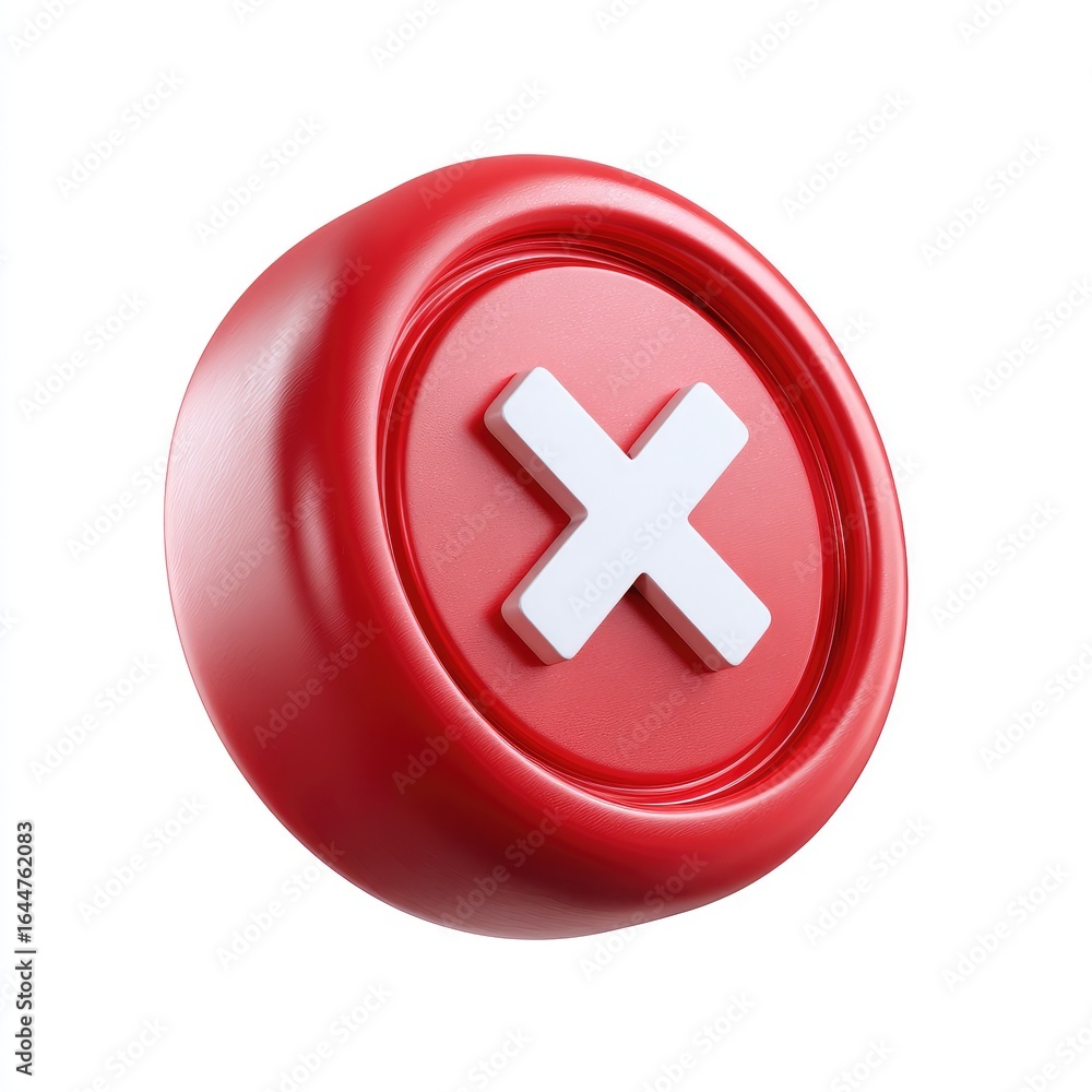 Fototapeta premium 3D red button with a white 'X' symbol. A glossy, rounded red button, in a slightly 3D style, features a large white 'X' in the center. The button is isolated against a white background