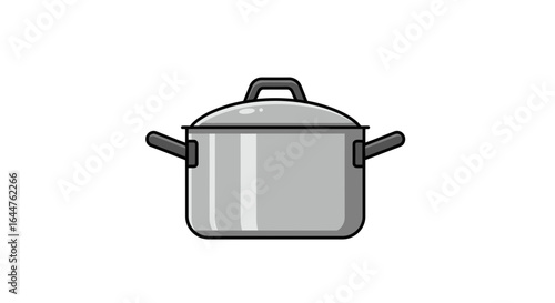 Simple gray cooking pot with lid and handles icon illustration on a white background, representing essential kitchenware for various culinary tasks and food preparation.