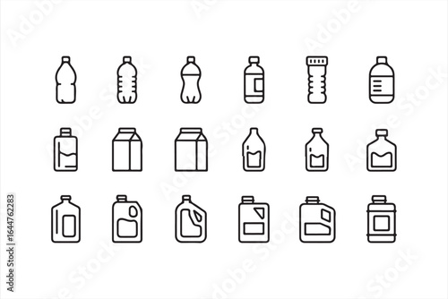 Plastic Bottles, Cartons, and Jugs Vector Icon Set in Outline Style