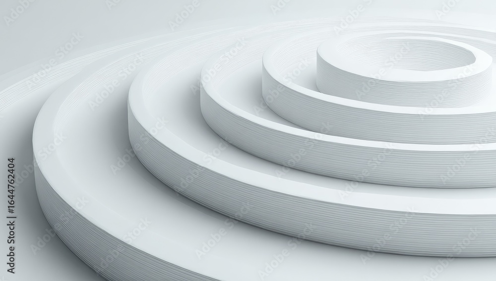 Obraz premium Abstract white concentric circles, layered, creating a 3D platform effect. Smooth, clean, minimalist design