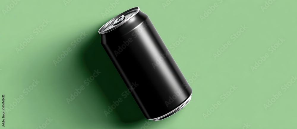 Fototapeta premium Sleek black soda can at an angle casting a shadow on a light green background